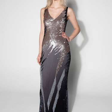 Grey Silk Sequin Fringe Ombré Gown