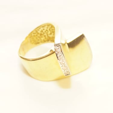 Modernist 14K Diamond Pave Cocktail Ring, Solid Yellow Gold Ribbon Ring, Chunky Gold Ring, . 3 TCW, Size 5 3/4 US 