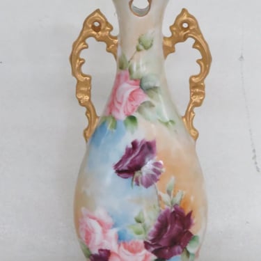 Porcelain Blue Orange Hand Painted Floral Footed Gold Double Handle Vase 3620B