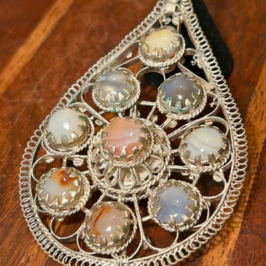 Multi Gemstone Huge Pendant Agate Thailand Vintage Retro Fashion Jewelry  Vtg 