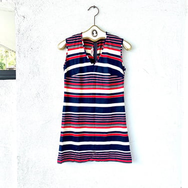 Vintage 60s 70s Gogo Dress Striped Red White and Blue Mini Short Go Go Dress // 1970s Tunic Shirt 