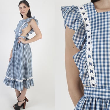 Blue Checkered Gingham Pinafore, 70s Country Apron, Americana Prairie Sundress, Open Back Dress 