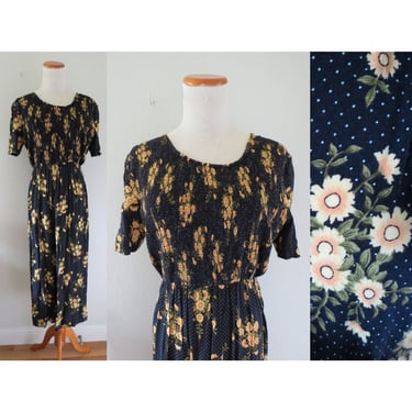 Vintage 90s Jumpsuit - Polka Dot Floral Rayon Smocked Summer Fall Outfit - Size XL 