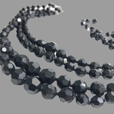 60s black beaded choker, vintage multistrand faceted bead necklace, lbd accessory, gift for her 