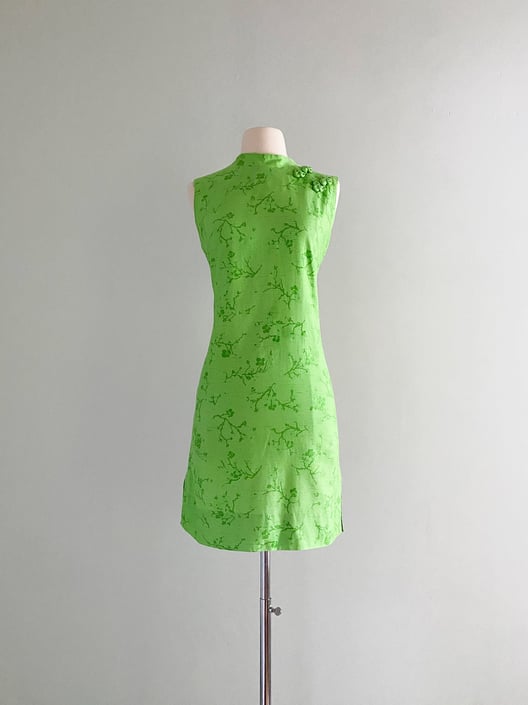 1960's Evelyn Pearson Green Cherry Blossom Mini Dress / Sz M