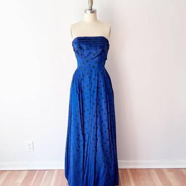 SIZE XS / S 1940s Electric Blue Polka Dot Gown / Black Tie Gown Strapless Vibrant with Scoop Back / Small 40s Gown Unique / Bow Back 