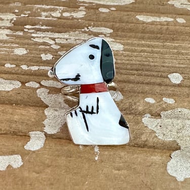 SNOOPY Zuni Toons Large Ring | Spiny Oyster Jet & Mother of Pearl Inlay Ring | Zunitoons Native American Southwestern Jewelry | Size 9.5 