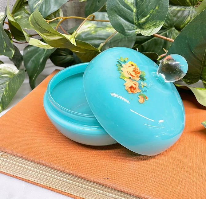 Vintage Candy Dish Retro 1940s Blue Glass + Made in Czechoslovakia + Hand Painted + Floral + Trinket Box + Jewelry Storage + Vanity Decor 