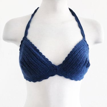 1990's Hollister Blue CROCHET Triangle Bra Top, Bathing Swim Suit Bikini Top, Vintage NEW Old Stock, Boho Hippie, Rich Hippie 