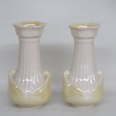 Irish Belleek Moore Porcelain Vases Yellow Lusterware a Pair 2792B