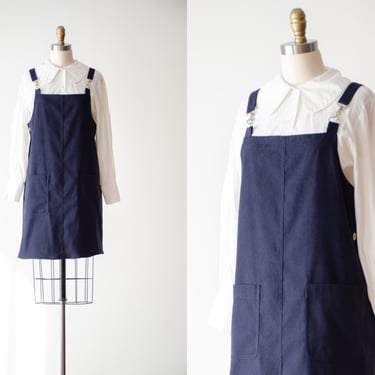 navy overall dress | 90s y2k vintage dark academia cottagecore navy blue microsuede mini dress 