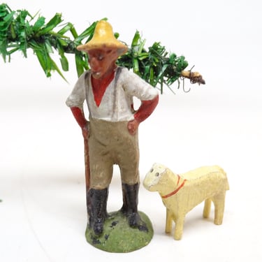 Antique German Shepherd and Sheep, Vintage Hand Painted Farm Toys for Putz or Nativity 