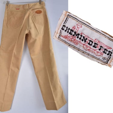 CHEMIN DE FER Jeans Corduroy Pants Tan Beige Vintage 1970's, 1980's, Size 32, Light Brown Disco 