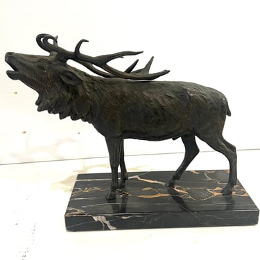 Roaring Deer Sculpture After Josef Franz in Bronze &amp; Marble