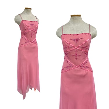 Vtg Vintage 1990s 90s Y2K Barbie Pink Ballerina Fairycore Fairy Mesh Maxi Dress 