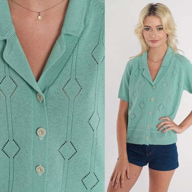 Green Cardigan 70s Pointelle Knit Sweater Top Button Up Blouse Collared Cutout Short Sleeve Shirt Cut Out Spring Hippie Vintage 1970s Small 