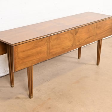 Baker Furniture Regency Burled Walnut Drop Leaf Console Dining Table, Circa 1960s