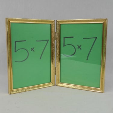 Vintage Hinged Double Picture Frame - Tabletop Gold Tone Metal w/ Glass - Holds Two 5