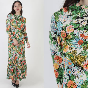 Hawaiian Style Bright Floral Convertible Zip Off 70's Maxi Dress 