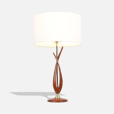 Mid-Century Modern Free-Form Sculpted Walnut & Brass Table Lamp
