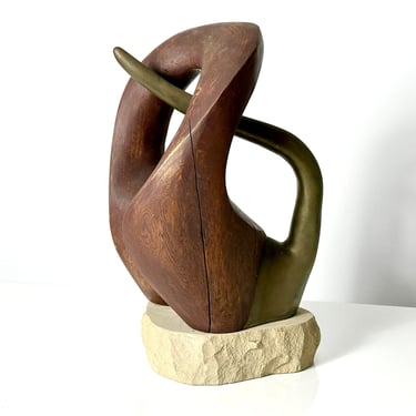 Orignal Vintage Mid Century Modern Abstract Biomorphic Wood & Bronze Sculpture by Fred Scott 1960s 