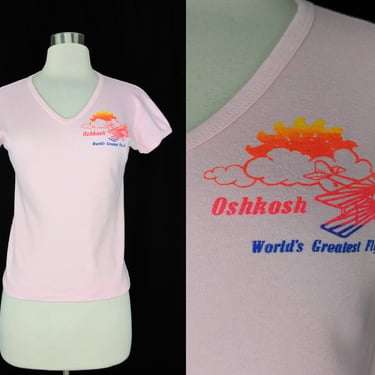Vintage Seventies Pink Babydoll T-shirt - 70s Small Oshkosh World's Greatest Fly-in Short Sleeve V-Neck Shirt 