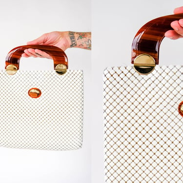 Vintage 70s Whiting and Davis White Metal Mesh Handbag w/ Tiger Eye Lucite Handles | Made in USA | Original Box | 1970s Designer Deco Purse 