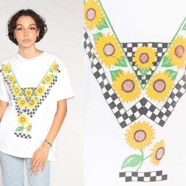 Sunflower T-Shirt 90s Checkered Floral Print Shirt Retro Flower Graphic Tee Girly Gardening TShirt Single Stitch White Vintage 1990s Large L 