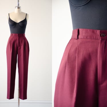 high waisted pants | 80s 90s vintage dark red burgundy academia style pleated trousers 