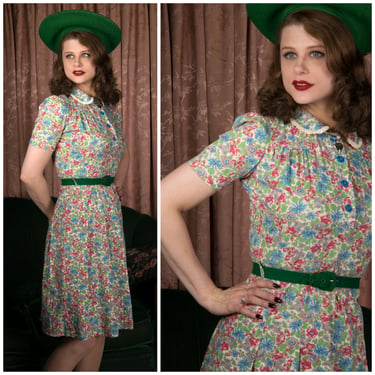 1930s Dress - Absolutely Wonderful Late 30s/Early 40s Dorothy Jay Frocks Puffed Sleeve Cotton Floral Day Dress with Peter Pan Collar 