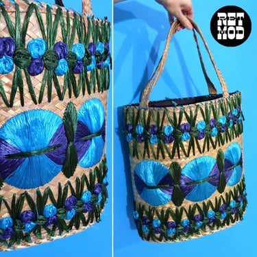 Large Vintage Blue Geometric Flower Raffia Tote Beach Bag 