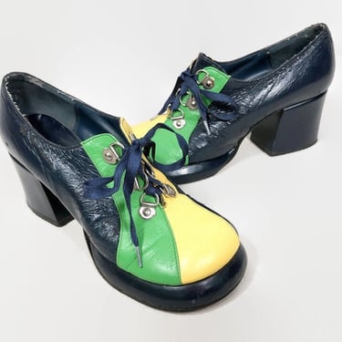 VINTAGE 70s Incredible Color Block Oxford Platform Shoes 5.5 | 1970s Blue, Green, Yellow Studio 54 Disco Shoes | As Is Wounded vfg 