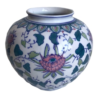 Vintage Chinese Porcelain Vase | Pink, Blue, Green, & White Handpainted Floral Designs | Ovoid Shaped Planter Vase Jar 