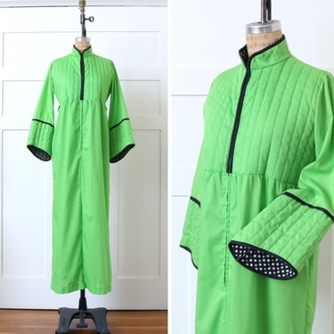 vintage 1970s robe • boho neon green quilted polka dot loungewear with dramatic belled sleeves 