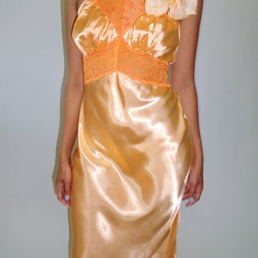 1940s Hand Dyed Neon Orange Satin Nightgown