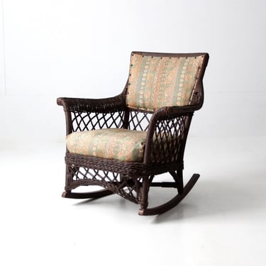 antique wicker rocking chair with cushion seat 