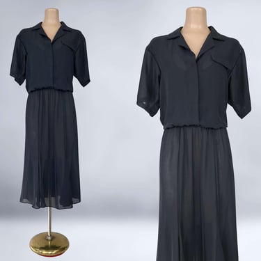 VINTAGE 1980s Allison Peters Shirtwaist Dress - Sheer Shadow Plaid Chiffon, 80s Tulip Sweep - Size 12 VFG 