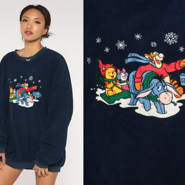 Winnie The Pooh Sweatshirt Y2K Fleece Winter Pooh Bear Walt Disney Sweater 00s Tigger Eeyore Graphic Navy Blue Vintage V Neck 2xl xxl 