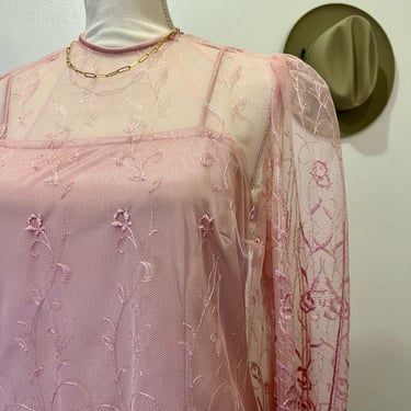 Vintage Flapper 1920's Inspired Pink Floral Lace Puffed Long Sleeve Dress 