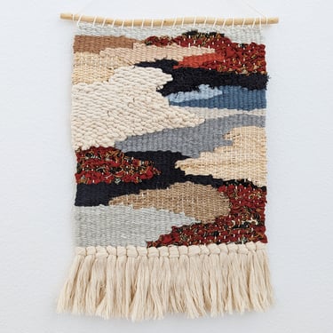 Wall Weaving/Hanging - Woven Tapestry - Batik Print Fabric, Rust/Red, Blue, Grey - Raffia - Boho Fiber Art - Handwoven Weave -Nursery Art(Z) 
