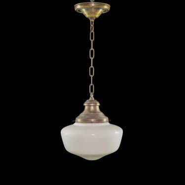 Antique Schoolhouse 12 in. Milk Glass Globe Brass Chain Pendant Light
