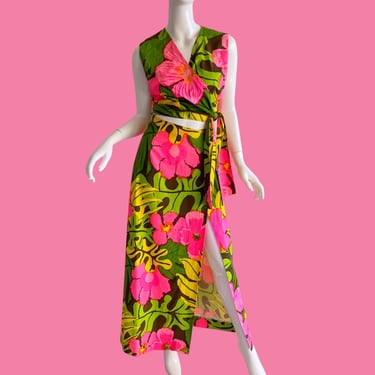 60s Calypso Sarong Halter Dress, Vintage Bermuda Caribbean Psychedelic Maxi Skirt Set Medium 