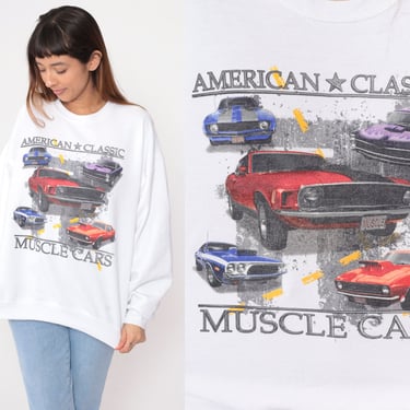 Muscle Car Sweatshirt 90s American Classic Cars Crewneck Pullover Racing Graphic Sweatshirt White Vintage 1990s Jerzees Large 