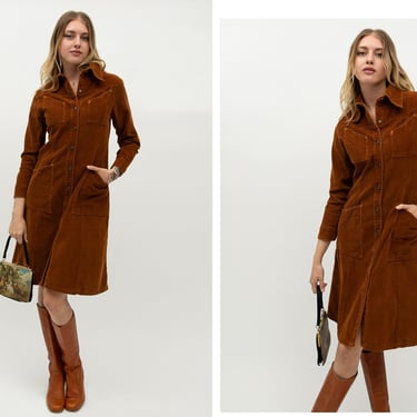 Vintage 1970s 70s Brown Corduroy Landlubber Denim Long Sleeve Dagger Collar Button Up Pocket Midi Dress 