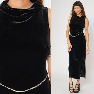 90s Black Velvet Dress Cowl Neck Maxi Dress Chain Belt Goth Party Dress Sleeveless Sheath 1990s Gothic Vintage Small 5/6 