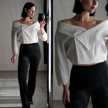 Vintage DONNA KARAN Collection Black label Silk & Cotton relaxed fit off the shoulder crop blouse | Y2K 2000s DKNY Designer Romantic Blouse 