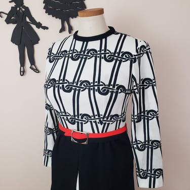 Vintage 1960's Black and White Mod Dress / 70s Polyester Shift Day Dress L/XL 
