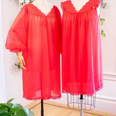 Vintage 1960s Peignoir Set | 60s Red Lace & Nylon Chiffon Nightgown Nightie Robe Matching 2 Piece | large/x-large 