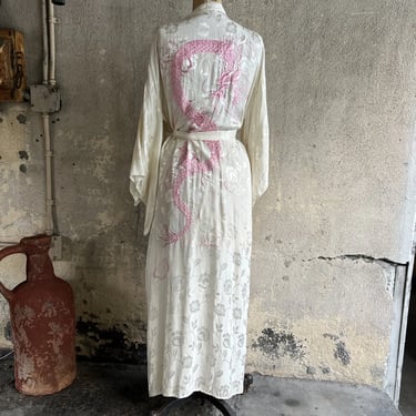 Vintage 1930s White Rayon Brocade Robe Embroidered Pink Dragon Dressing Gown