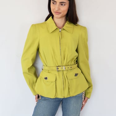 Vintage Jean Paul Gaultier Lime Green Wool Belted Jacket with Cargo Pockets sz XS S M Chartreuse JPG Classique Y2K 